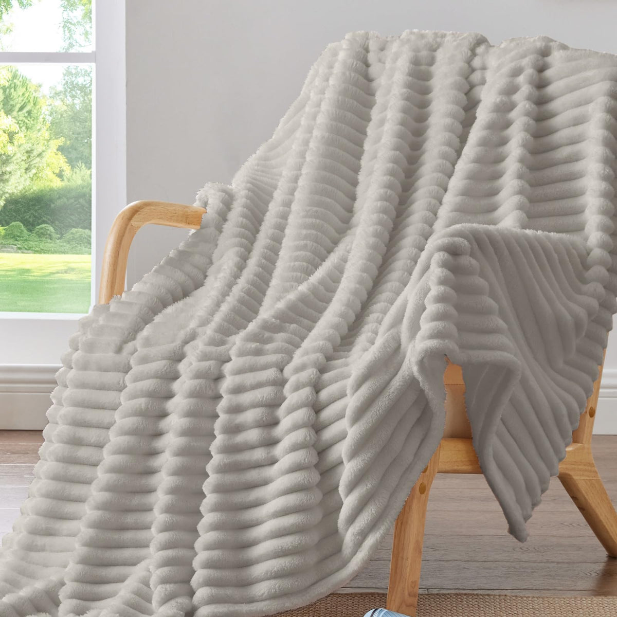 BEDELITE Ribbed Fleece Throw Blanket for Couch, Cream, 50"x60"