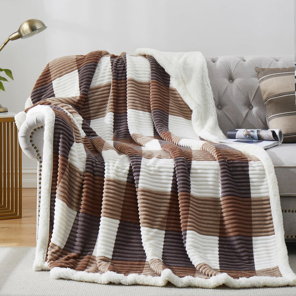 PU MEI Sherpa Fleece Throw Blanket 60" x 80" Reversible Plush Fluffy Large Big Blanket Lattice Flannel Blankets for Sofa Couch Bed (Grey-Soft Blue, 60"*80")