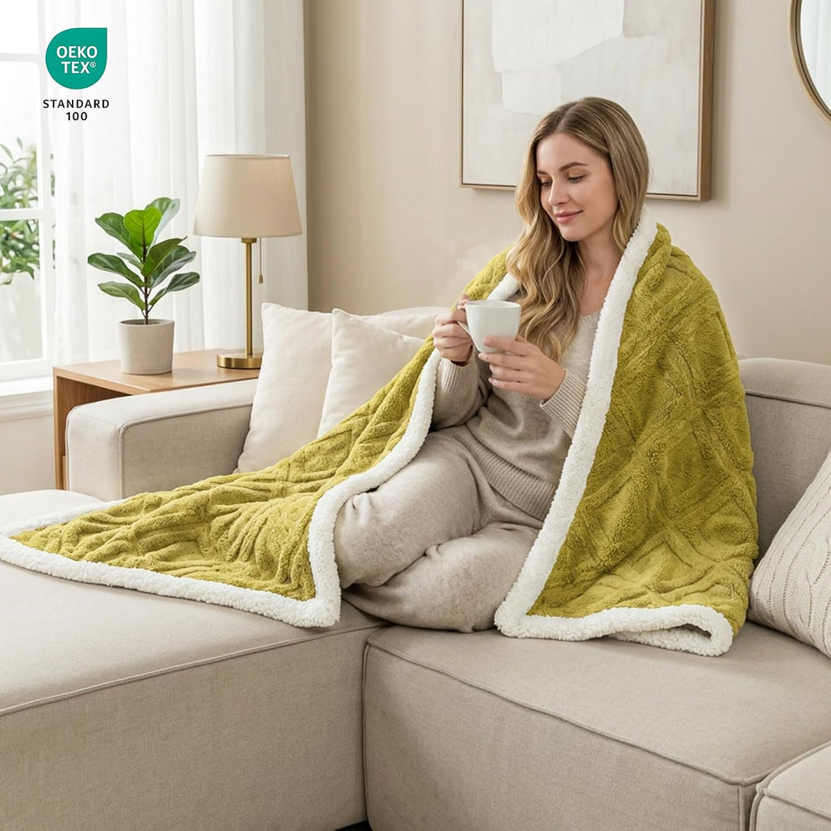 Sherpa Throw Blanket for Couch, and Bed, Queen 90"x90", Mustard