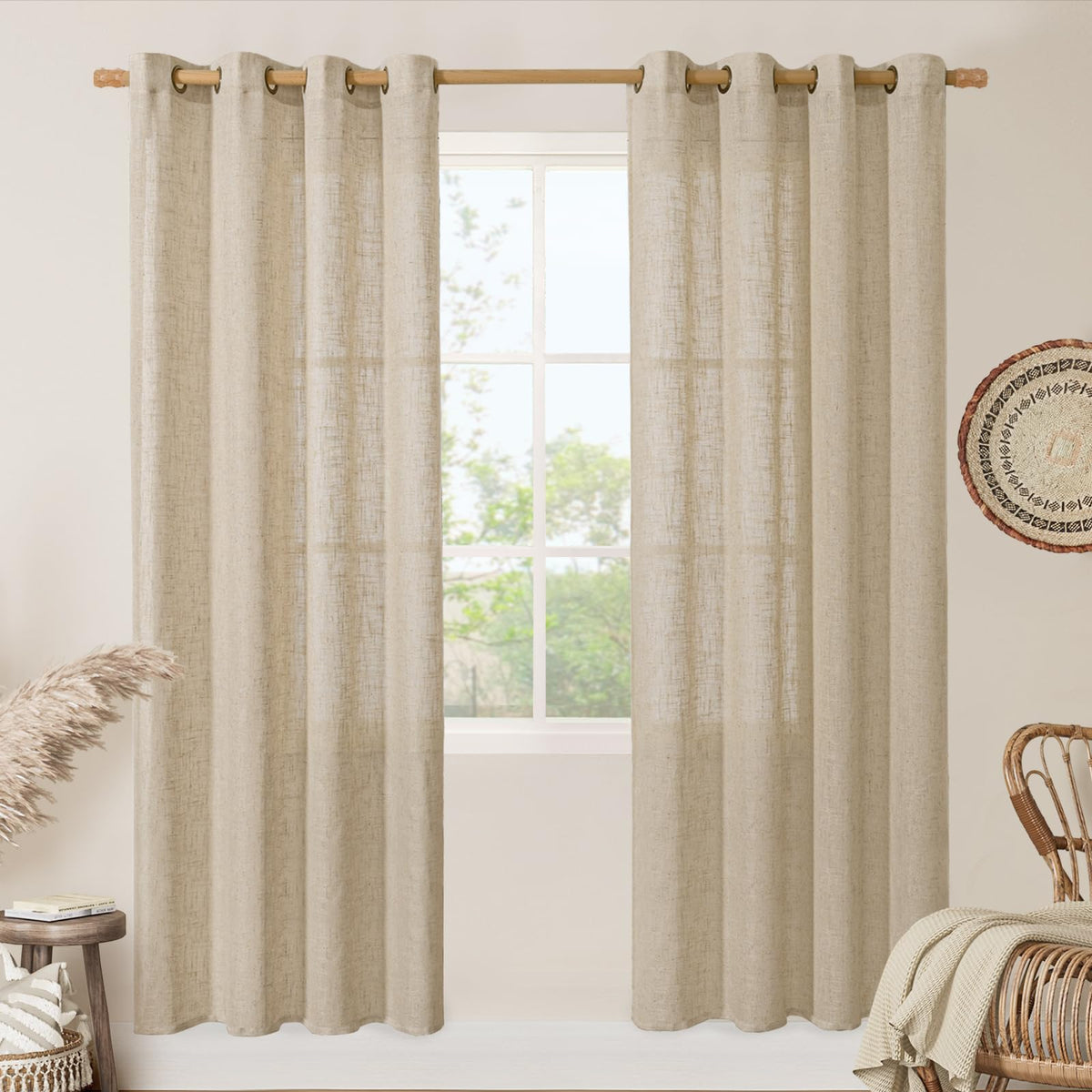 LAMIT Cream Ivory Linen Semi Sheer Curtains 84 inch Length for Bedroom