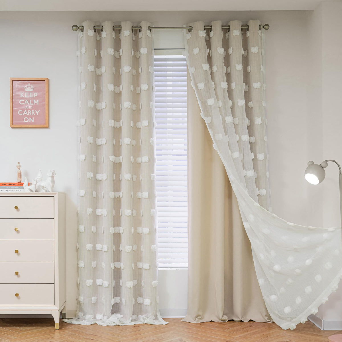 MYSKY HOME Beige Boho Curtains for Living Room 84 Inches Long Blackout Bohemian Curtains 2 Panels Beige Pom Pom Sheer Thermal Insulated Rustic Grommet Privacy Room Darkening Window Drapes 52" x 84"