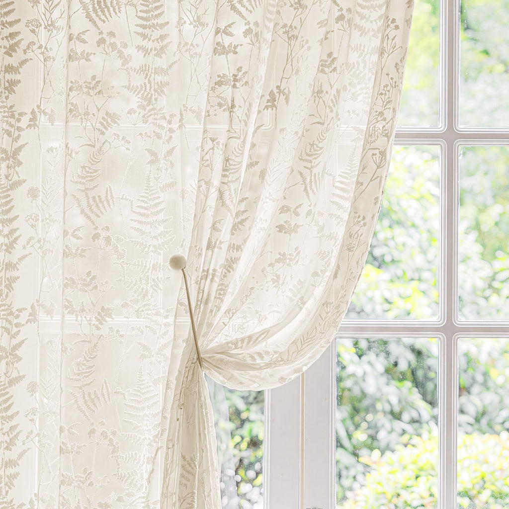 Beige 3D Floral Semi Sheer Curtains, 52W x 84L, 2 Panels