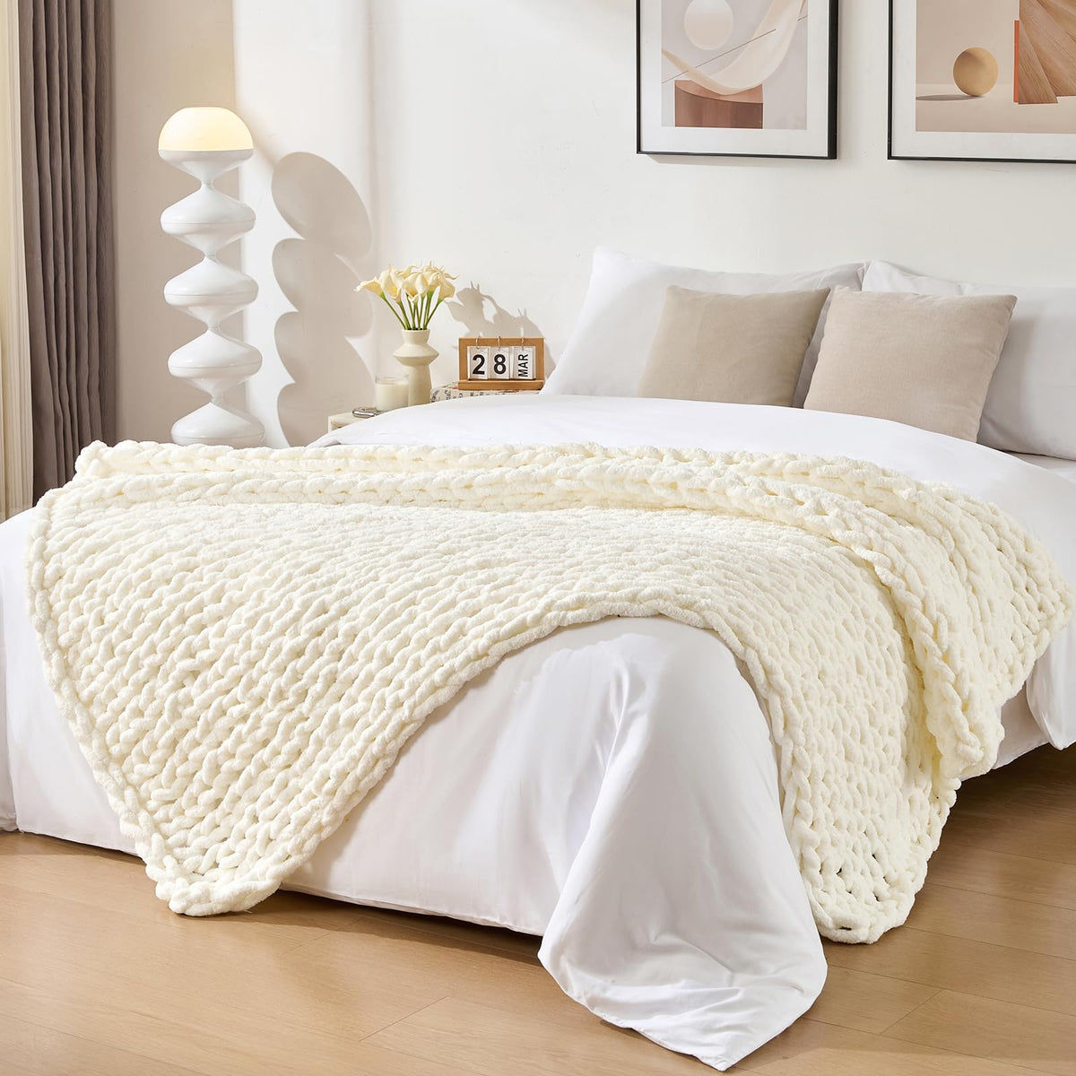 Bigacogo Chunky Knit Throw Blanket for Couch, 40x60 inches, Beige
