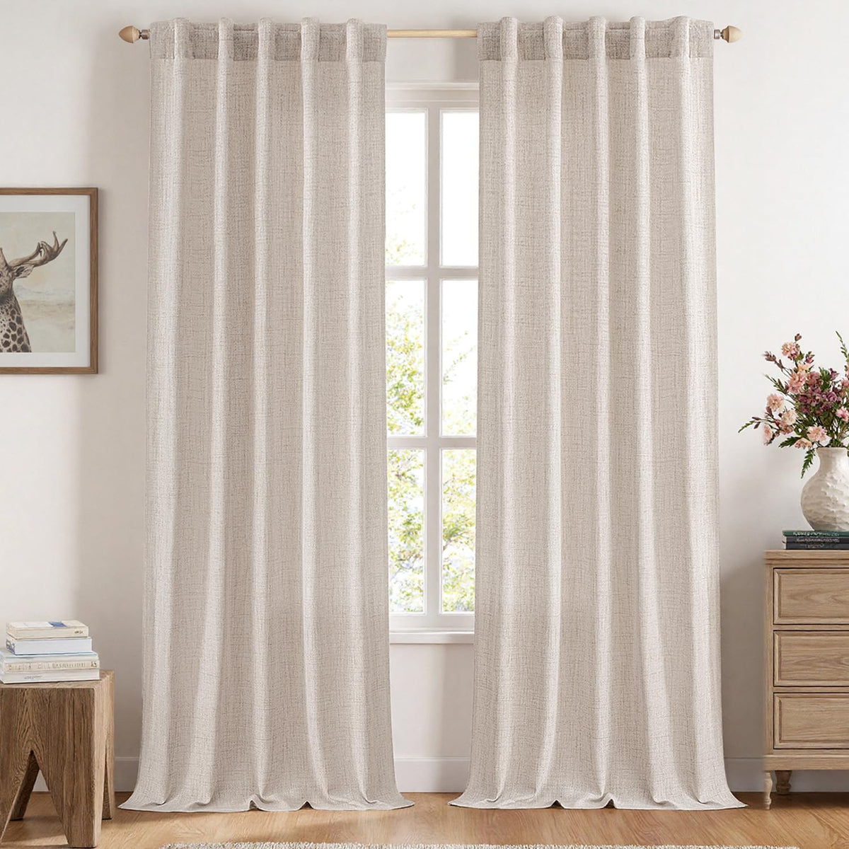 MIULEE Faux Linen Curtains 90 Inch Length 2 Panels Natural Semi Sheer Curtain with Back Tab Rod Pocket, Light Filtering Window Privacy Burlap Drapes for Living Room Bedroom 42W x 90L Linen