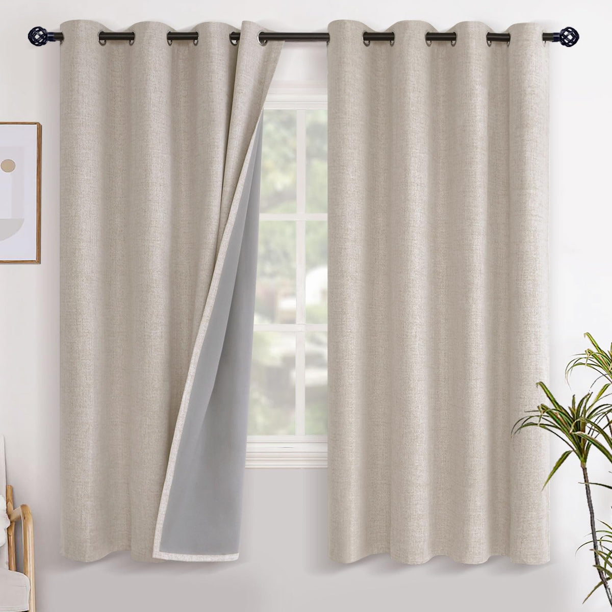 YoungsTex Linen Blackout Curtains 63 Inch Length Bedroom Beige Darkening