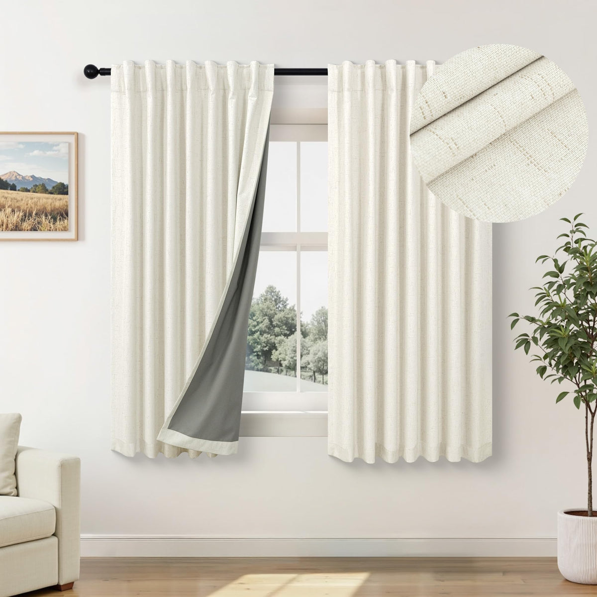 100% Blackout Curtains 84 Inch Length 2 Panels Set Neutral Boho Linen Farmhouse for Bedroom Windows Living Room Darkening Thermal Insulated Drapes Natural Cream Ivory 7ft Long Back Tab Pleated Pocket