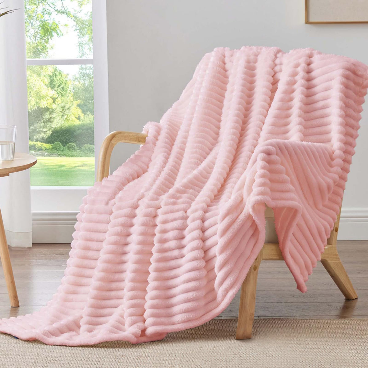 BEDELITE Ribbed Fleece Throw Blanket for Couch, Cream, 50"x60"