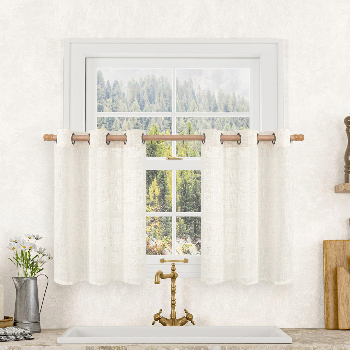 LAMIT Cream Ivory Linen Semi Sheer Curtains 84 inch Length for Bedroom