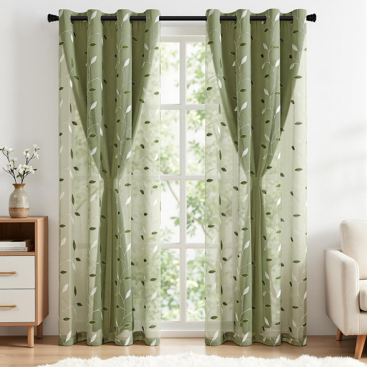 MIULEE Sage Green Double Layer Patterned Blackout Curtains 52" W x 84" L