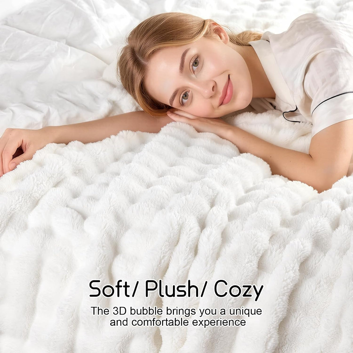 Lotus Karen 3D Bubble Fleece Blanket for Couch - Ultra Soft Fluffy White Throw Blanket for Sofa Bedroom, Lightweight Cozy Throw for All Season, Adults Women Kids Off White, 50"x60"