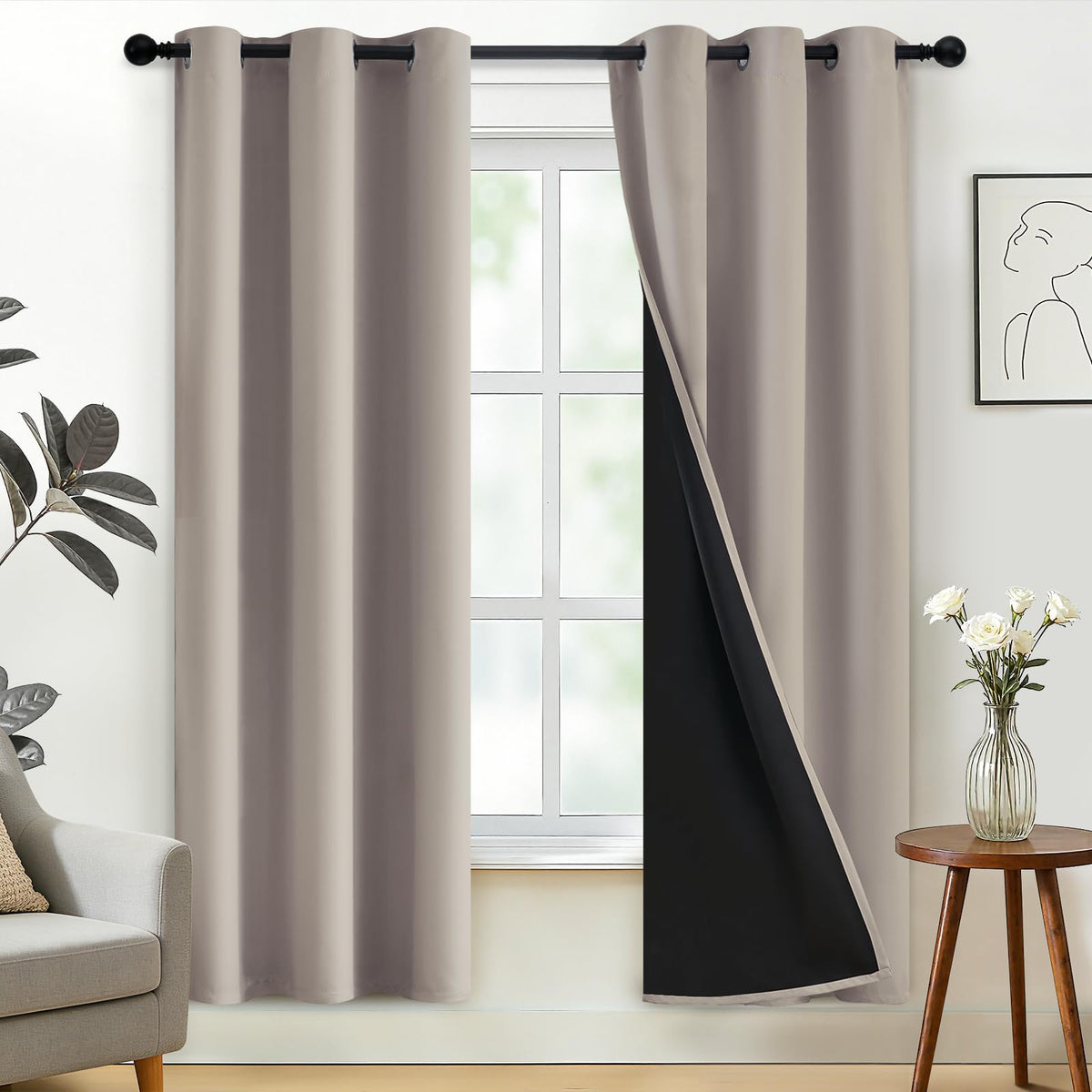 SimpleHome Cream 100% Blackout Curtains Room Darkening Living Room 84 Inch
