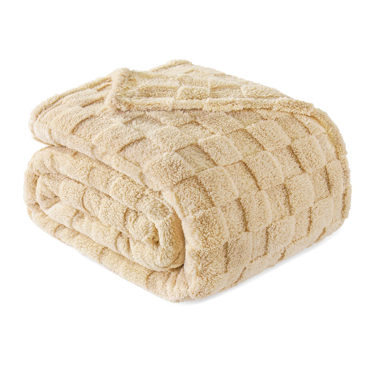 Exclusivo Mezcla 3D Checkered Fleece Throw Blanket for Couch, Ivory