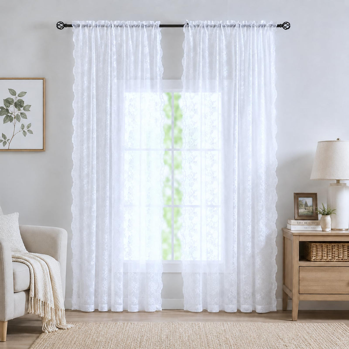 YJ YANJUN Vintage Lace Curtains 84 Inches Long-Victorian Floral Pattern Ivory Sheer Curtain Panels for Living Room Bedroom French Door, Light Filtering Drapes, 2 Panels 52W x 84L Cream