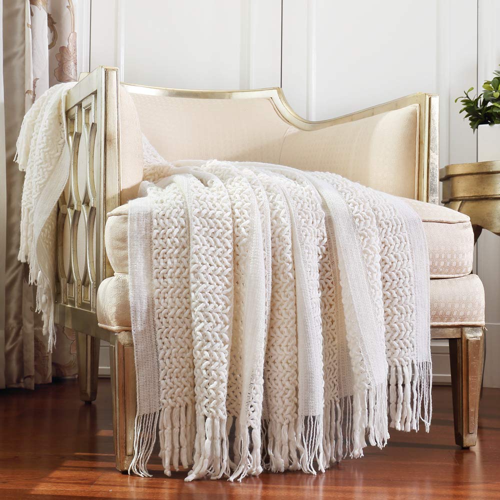 CREVENT Farmhouse Boho Knitted Throw Blanket for Couch Sofa Chair Bed Home Decoration, Soft Warm Cozy Light Weight for Spring Summer Fall (50''X60'' Off White/Ivory/Cream)