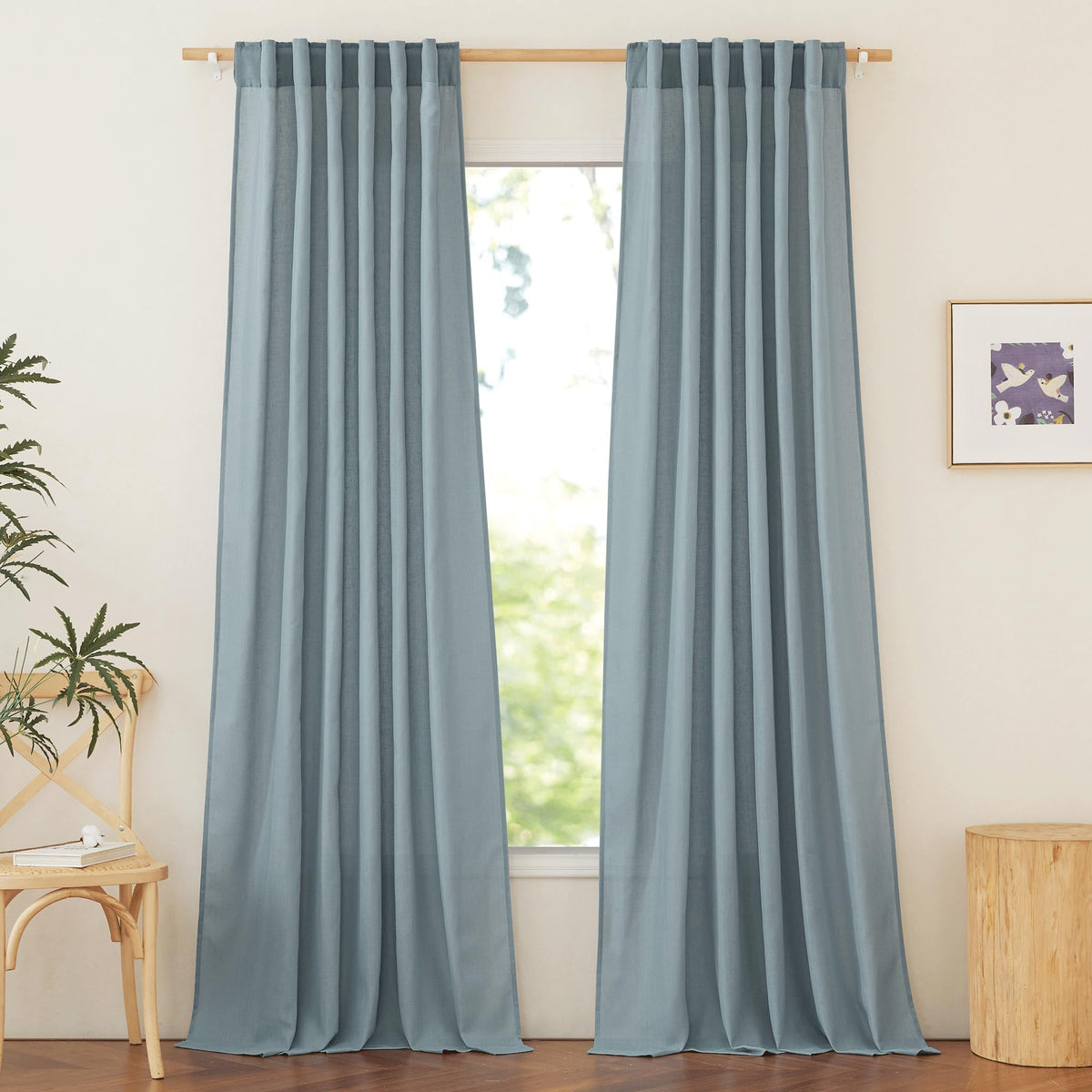 NICETOWN Flax Sheer Linen Curtains for Living Room 95 inch Long 2 Panels, Rod Pocket & Back Tab Semi Sheer Drapes Privacy Added with Light Filtering for Bedroom/Living Room, Natural, W55 x L95