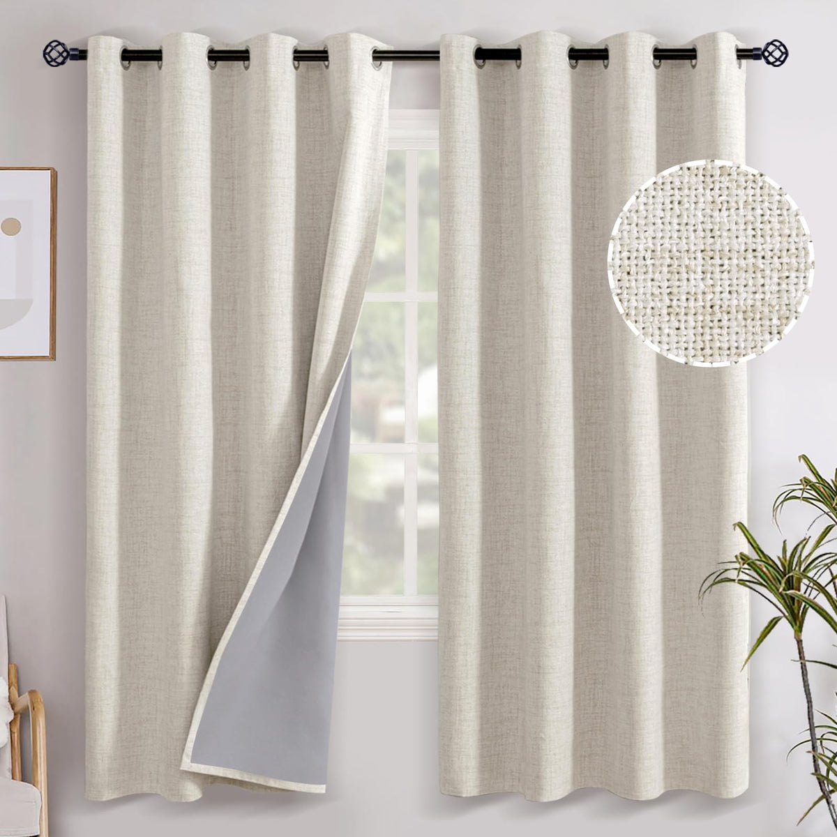 YoungsTex Linen Blackout Curtains 63 Inch Length Bedroom Beige Darkening