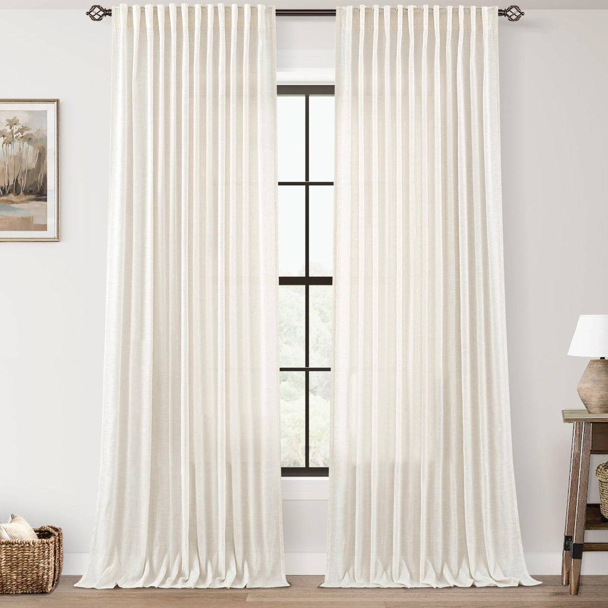 96 inch Long Linen Curtains 2 Panels for Living Room Back Tab Cream Ivory Light Filtering Semi Sheer Curtain 96 inches Long Boho Farmhouse Rustic Linen Drapes Floor to Ceiling Length 8 FT