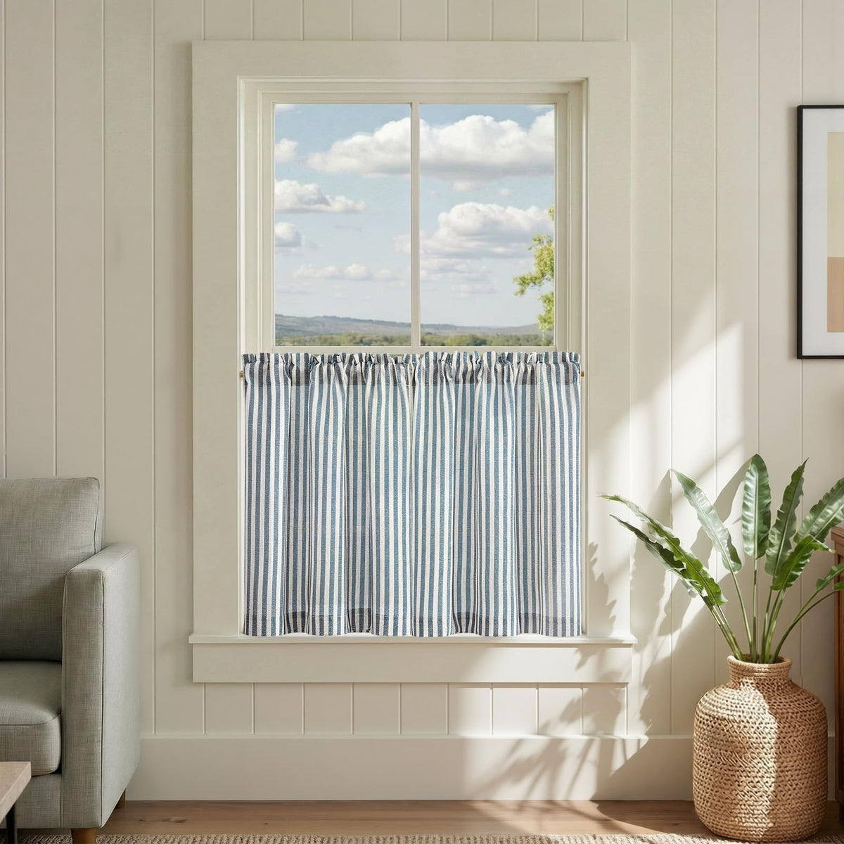 jinchan Striped Linen Kitchen Curtains 36 Inches Length Tier Curtains Farmhouse Modern Cafe Style Small Window Treatments Airy Light Filtering Rod Pocket for Living Room Bathroom 2 Panels Sage Green