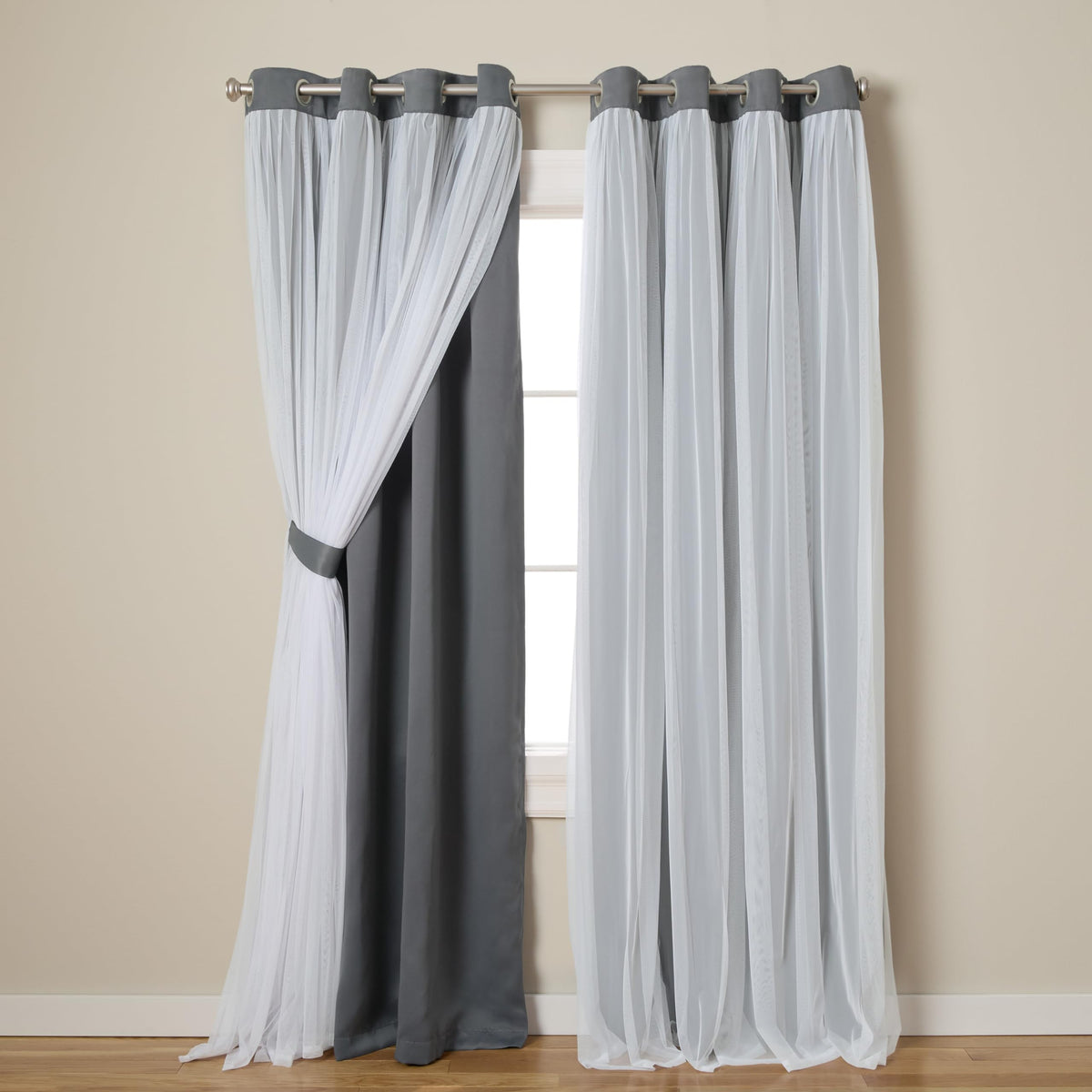TOWN & COUNTRY LUXE Talia Double Layer Indoor Curtains, Sheer and Room Darkening Blackout, Grommet Top, Energy Efficient, 2-Pack Set, 52"x84", Rose Blush