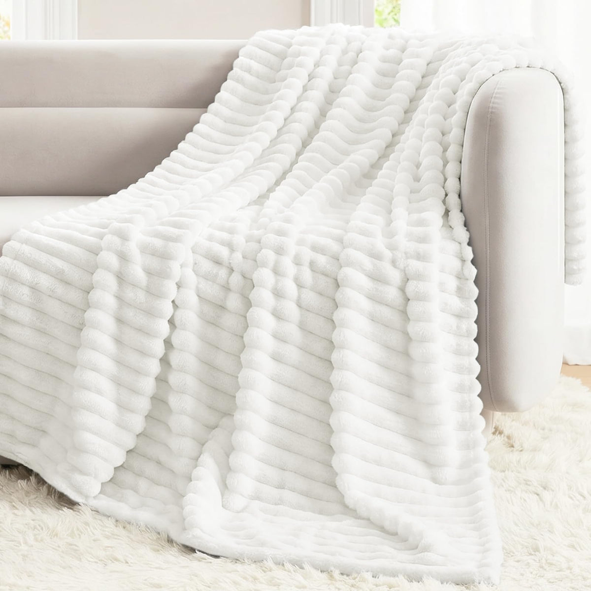 CozyLux Black Throw Blanket for Couch, Ribbed Fleece, 50 x 60 Inch