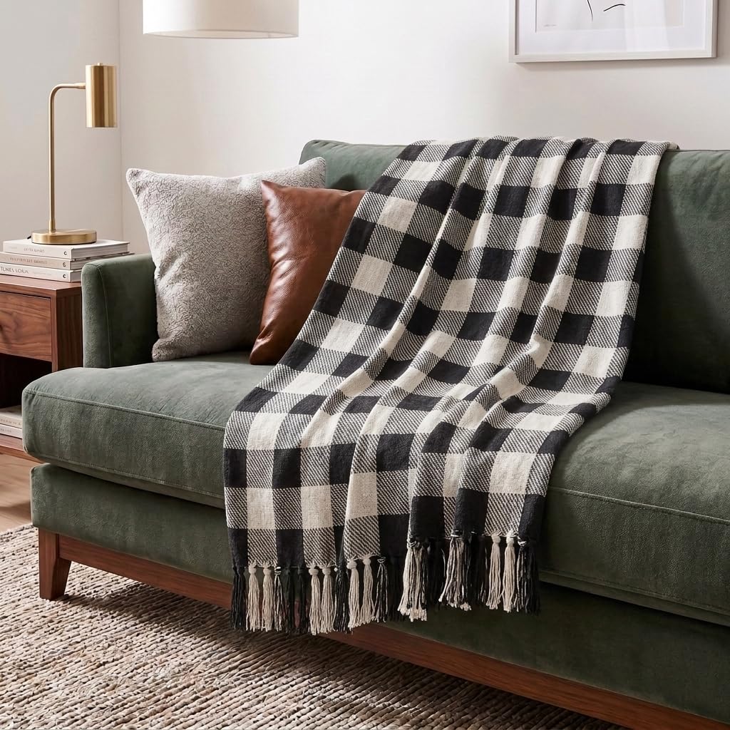 Americanflat 50x60 Throw Blanket - Soft and Breathable Cotton Throw Blanket for Couch, Bed, Chair - Decorative Blankets Perfect for Home, Office, or Outdoor Use - Cream Herringbone Design