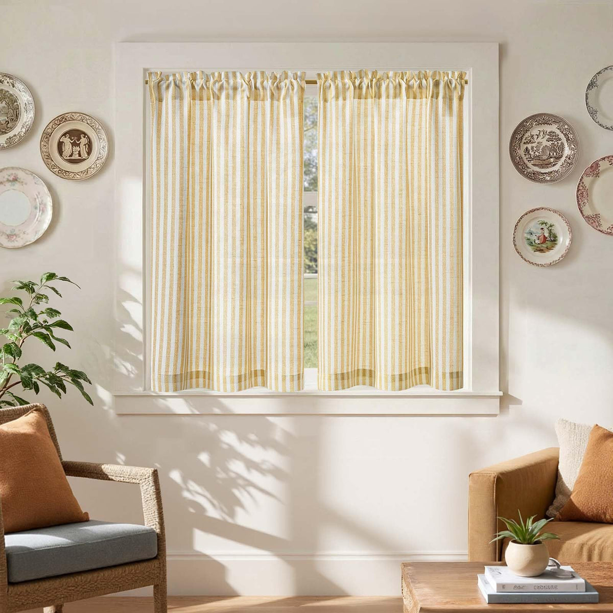 jinchan Striped Linen Kitchen Curtains 36 Inches Length Tier Curtains Farmhouse Modern Cafe Style Small Window Treatments Airy Light Filtering Rod Pocket for Living Room Bathroom 2 Panels Sage Green