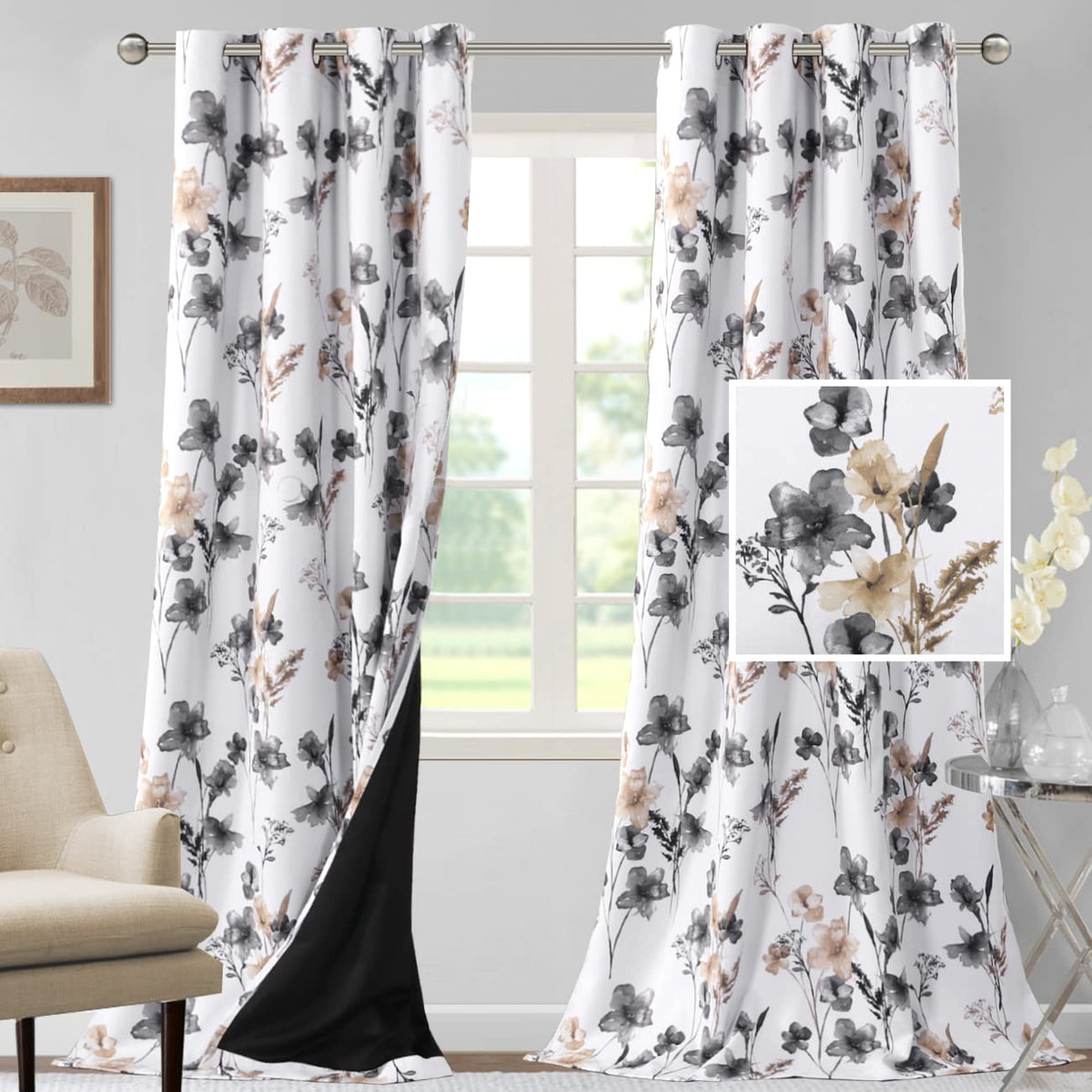 H.VERSAILTEX 100% Blackout Curtains 84 inch Length 2 Panels Set Cattleya Floral Printed Drapes Leah Floral Thermal Curtains for Bedroom with Black Liner Sound Proof Curtains, Grey and Taupe