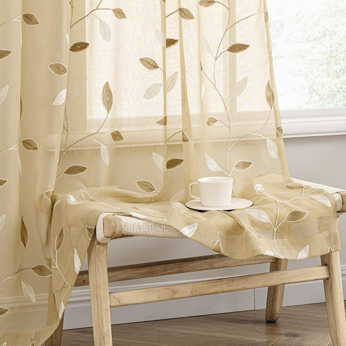 MIULEE Sage Green Sheer Curtains 2 Panels Leaf Patterned, W52 x L84
