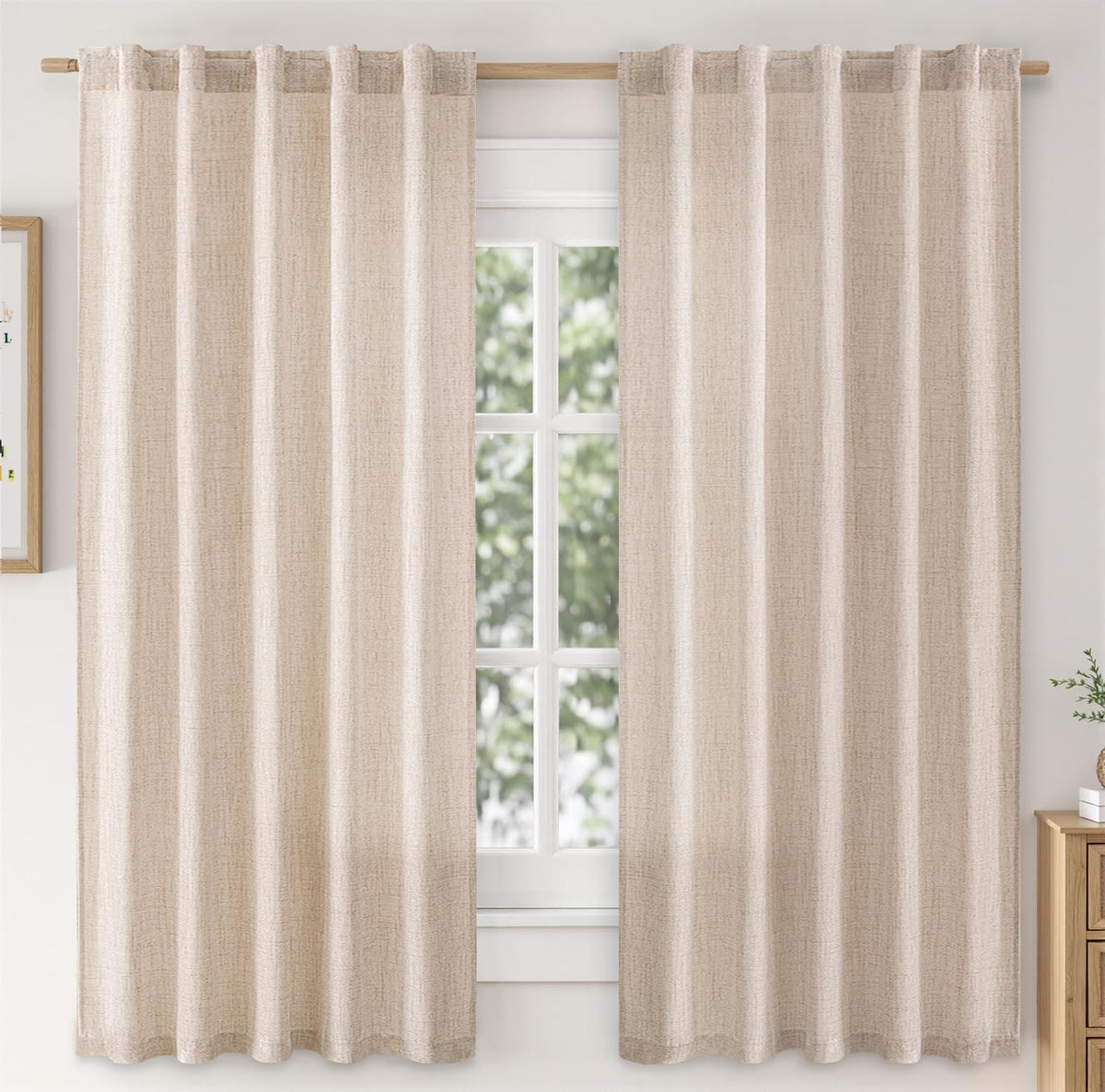 MIULEE Faux Linen Curtains 90 Inch Length 2 Panels Natural Semi Sheer Curtain with Back Tab Rod Pocket, Light Filtering Window Privacy Burlap Drapes for Living Room Bedroom 42W x 90L Linen