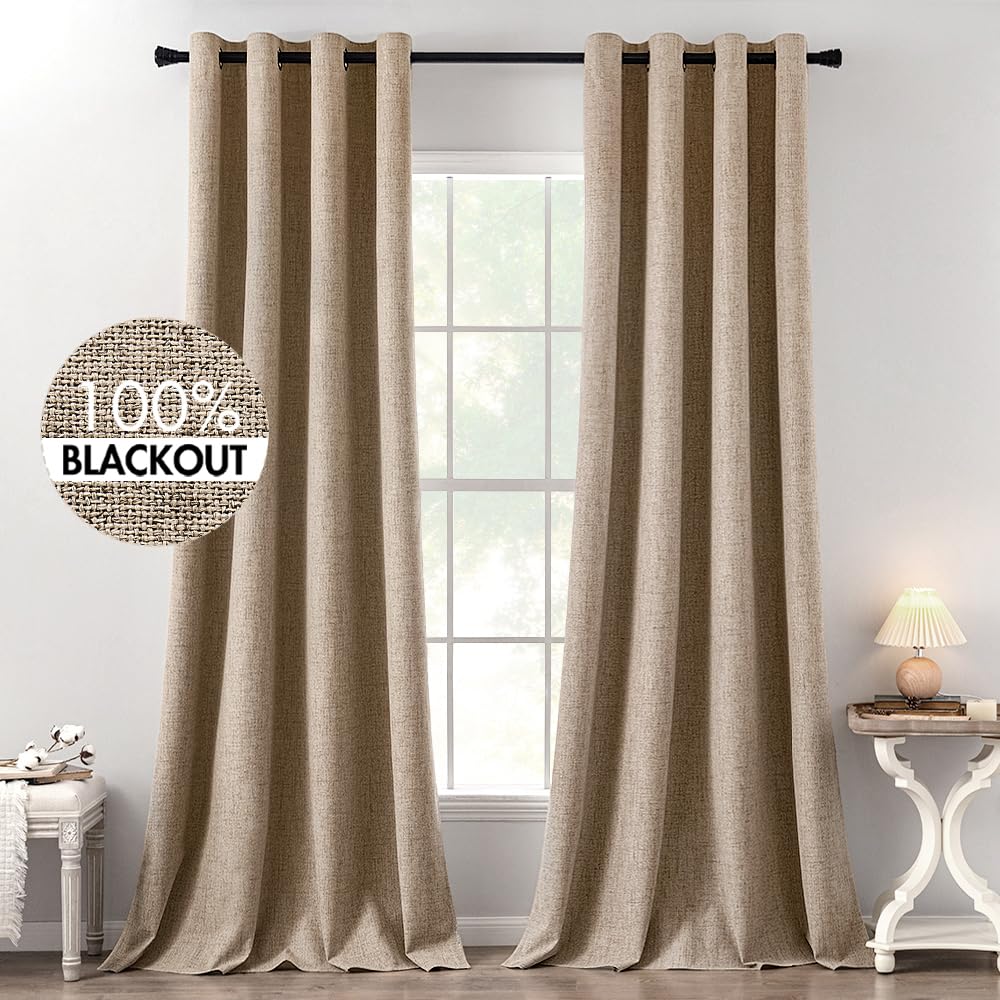 MIULEE 100% Blackout Linen Curtains for Bedroom 52x84 Inches Natural Beige
