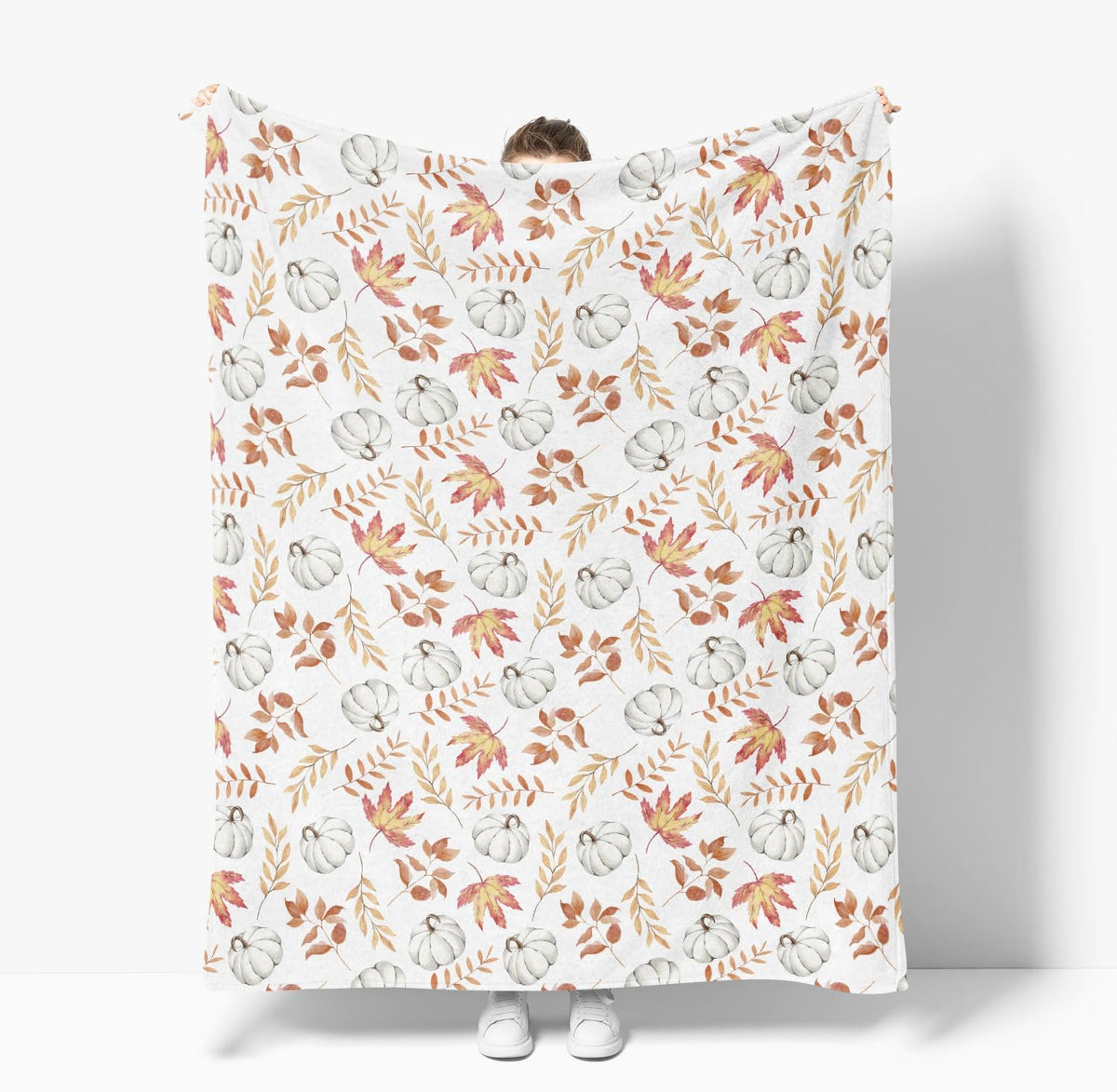 Horaldaily Fall White Pumpkin Orange Leaves Flannel Throw Blanket 50x60