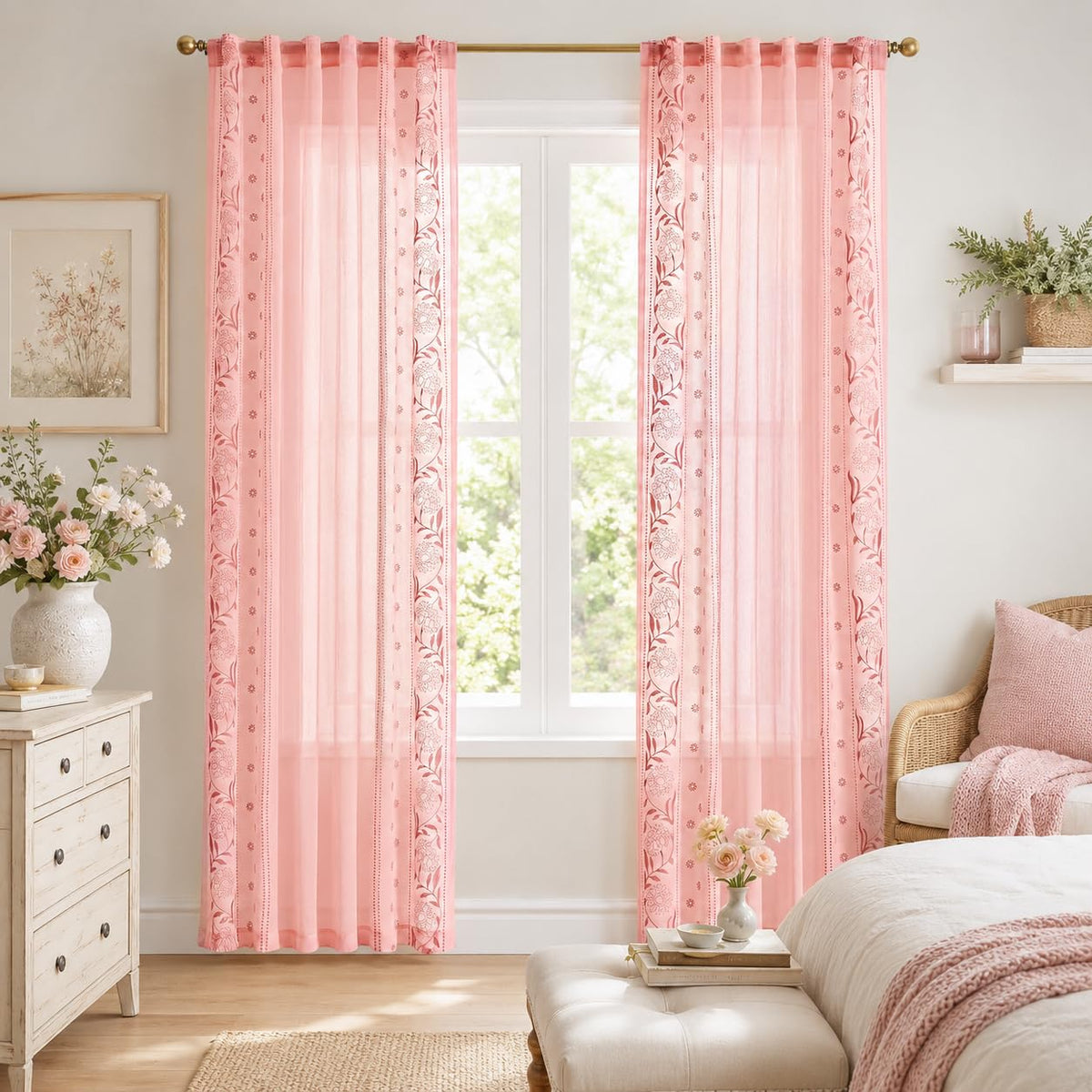 jinchan Sage Floral Linen Curtains for Living Room 84" Back Tab 2 Panels
