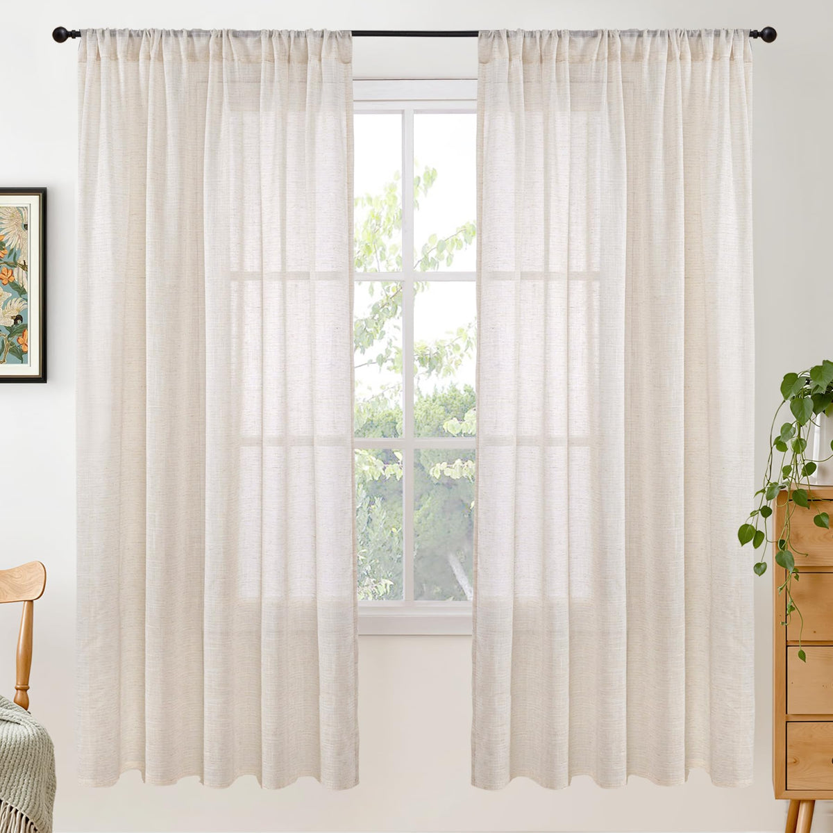 BGment Tan Linen Curtains 84 Inch Length 2 Panels Burlap Semi Sheer Drapes