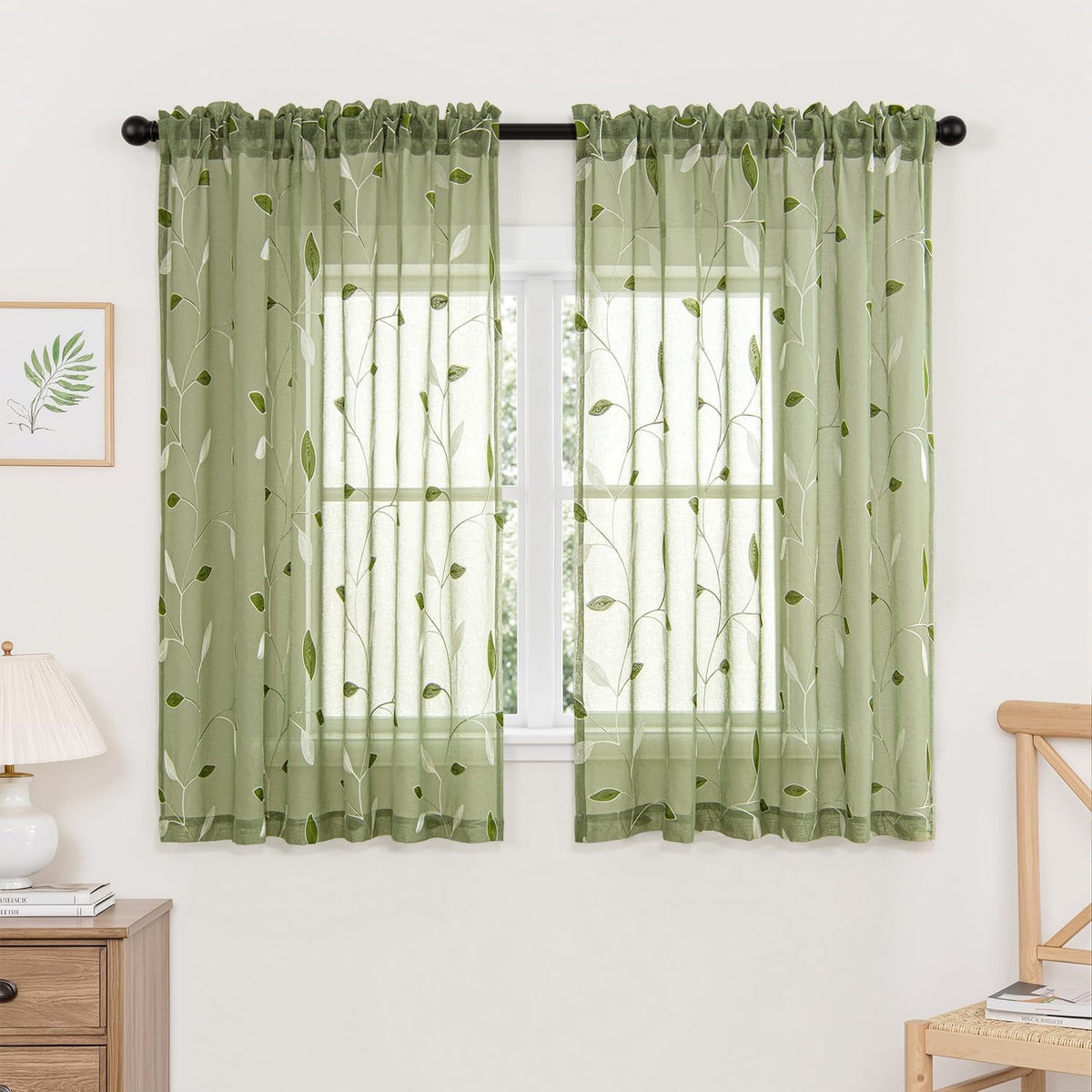 MIULEE Sage Green Sheer Curtains 2 Panels Leaf Patterned, W52 x L84