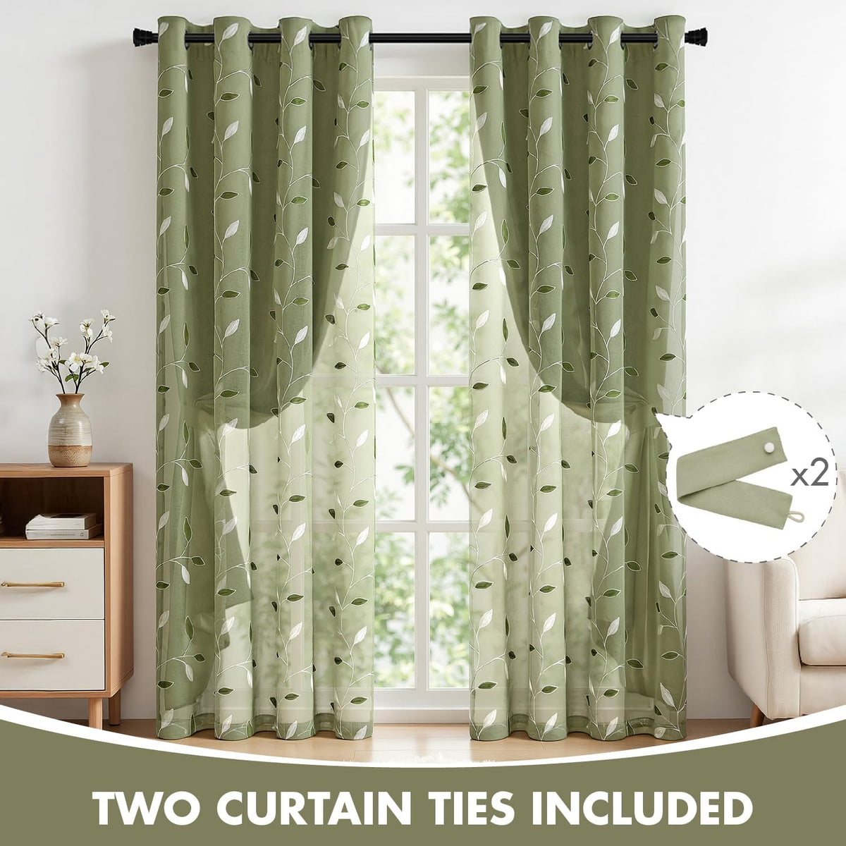 MIULEE Sage Green Double Layer Patterned Blackout Curtains 52" W x 84" L