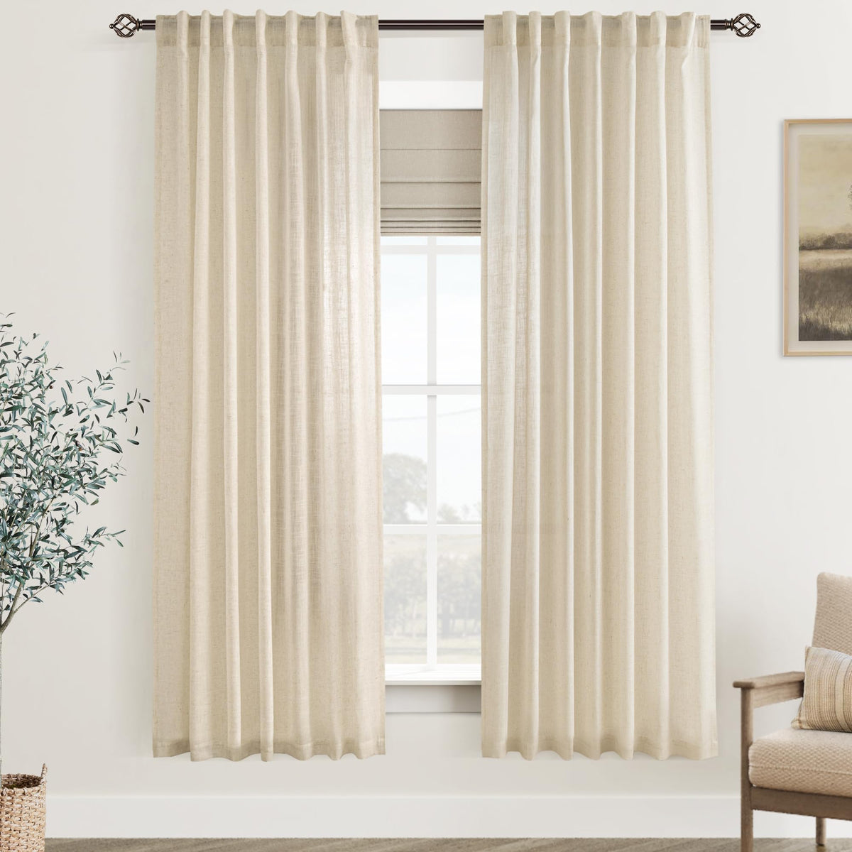 96 inch Long Linen Curtains 2 Panels for Living Room Back Tab Cream Ivory Light Filtering Semi Sheer Curtain 96 inches Long Boho Farmhouse Rustic Linen Drapes Floor to Ceiling Length 8 FT