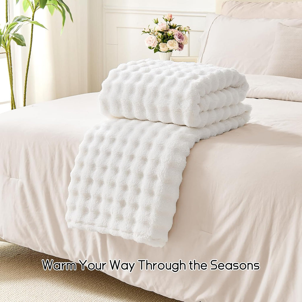 Lotus Karen 3D Bubble Fleece Blanket for Couch - Ultra Soft Fluffy White Throw Blanket for Sofa Bedroom, Lightweight Cozy Throw for All Season, Adults Women Kids Off White, 50"x60"