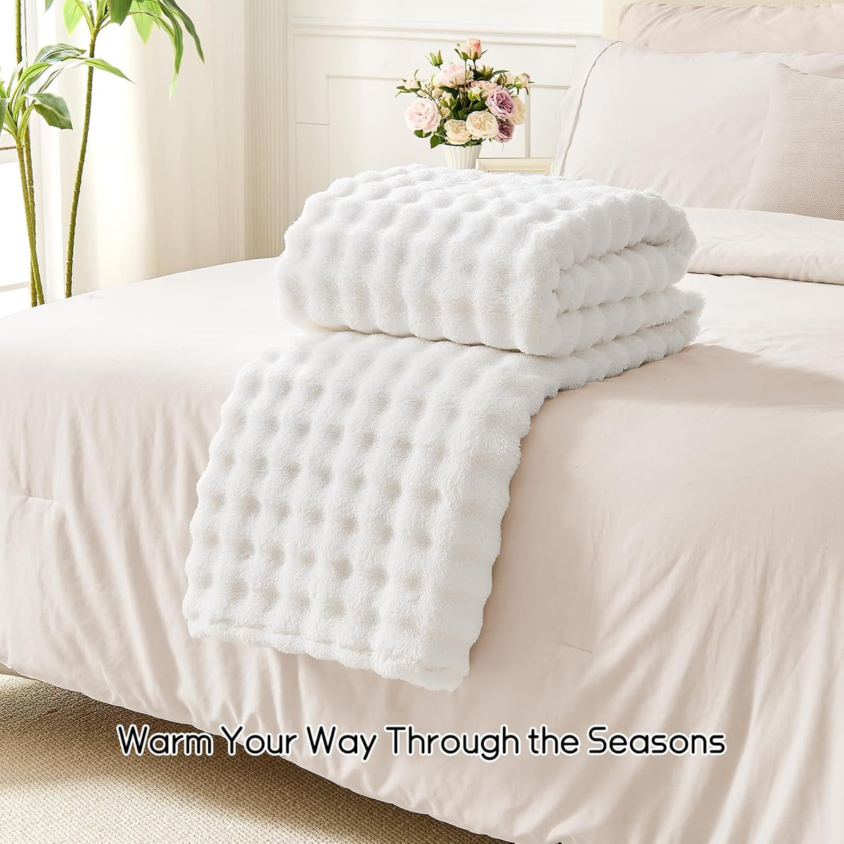 Lotus Karen 3D Bubble Fleece Blanket for Couch - Ultra Soft Fluffy White Throw Blanket for Sofa Bedroom, Lightweight Cozy Throw for All Season, Adults Women Kids Off White, 50"x60"