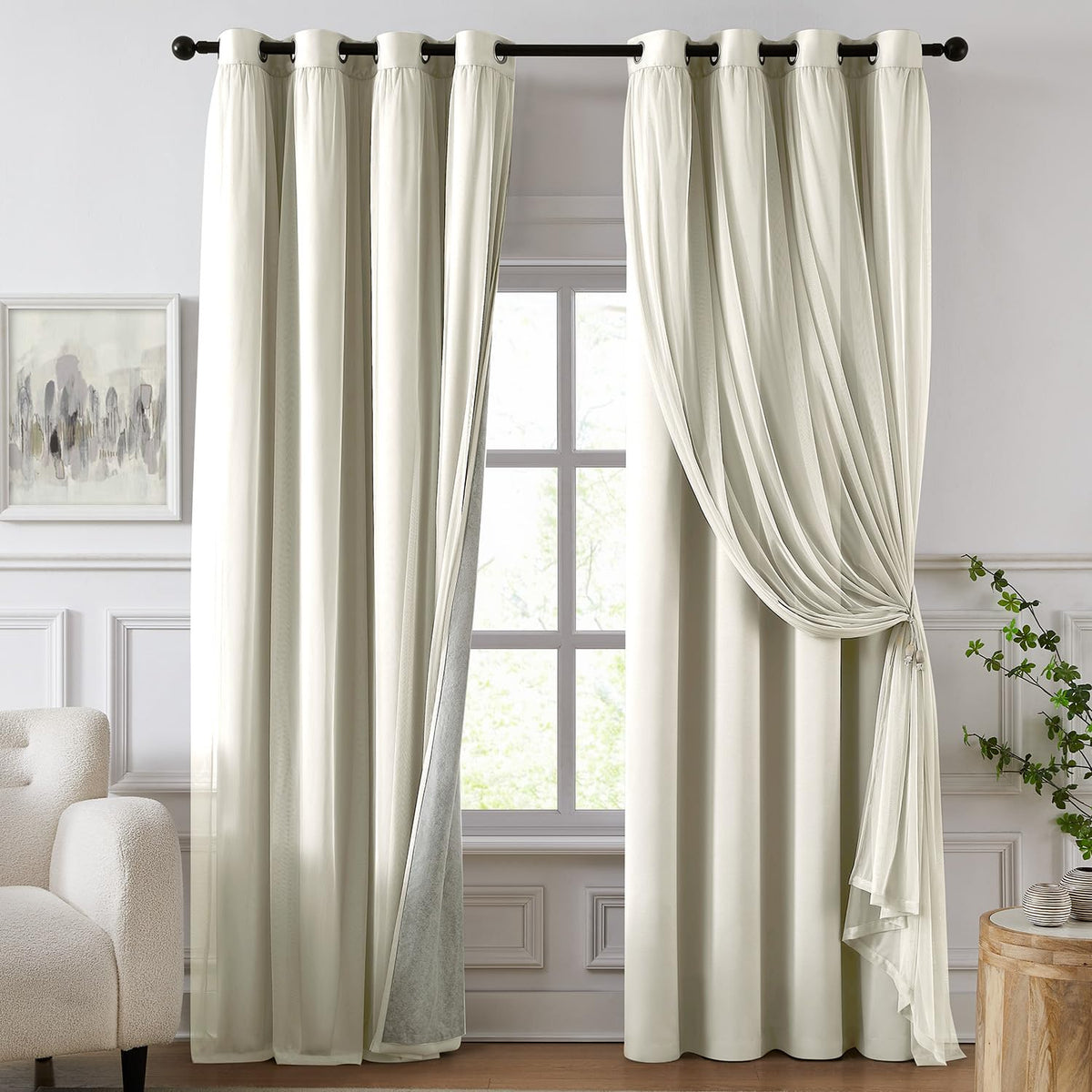 100% Blackout Curtains for Bedroom, Double Layer Ivory 84" L