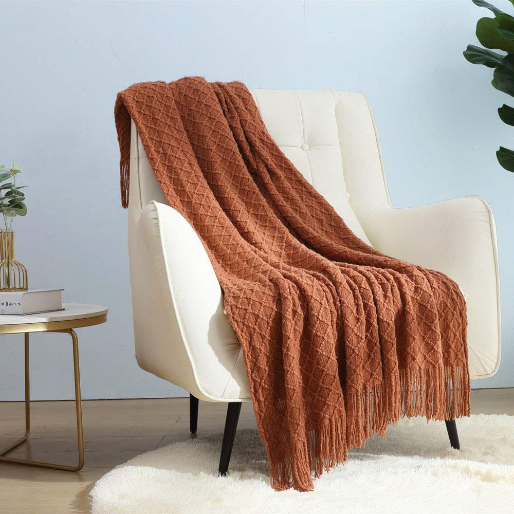 CREVENT Farmhouse Boho Knitted Throw Blanket for Couch Sofa Chair Bed Home Decoration, Soft Warm Cozy Light Weight for Spring Summer Fall (50''X60'' Sage Green)