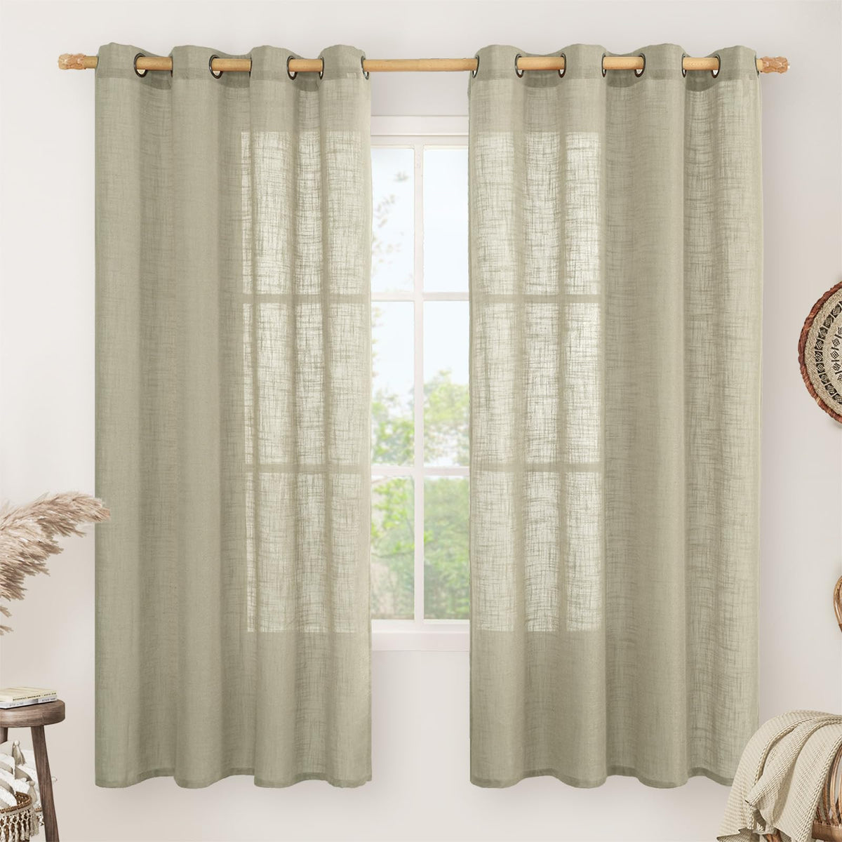 LAMIT Cream Ivory Linen Semi Sheer Curtains 84 inch Length for Bedroom