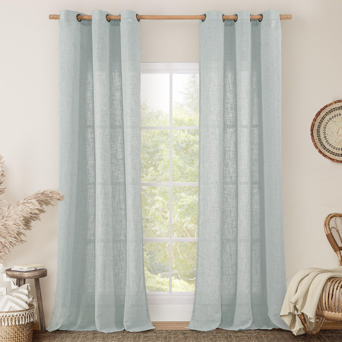LAMIT Cream Ivory Linen Semi Sheer Curtains 84 inch Length for Bedroom