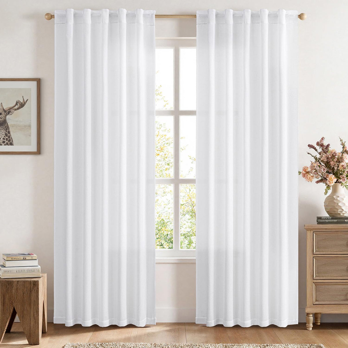 MIULEE Faux Linen Curtains 90 Inch Length 2 Panels Natural Semi Sheer Curtain with Back Tab Rod Pocket, Light Filtering Window Privacy Burlap Drapes for Living Room Bedroom 42W x 90L Linen