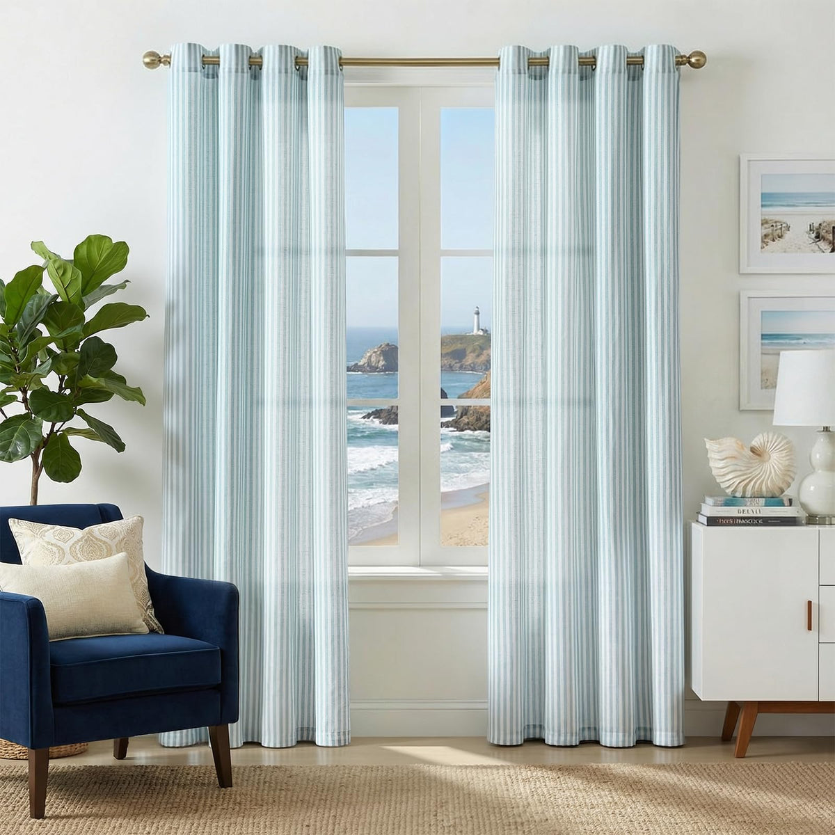 jinchan Linen Curtains 84 Inch Taupe Grey Stripe on Beige Grommet 2 Panels