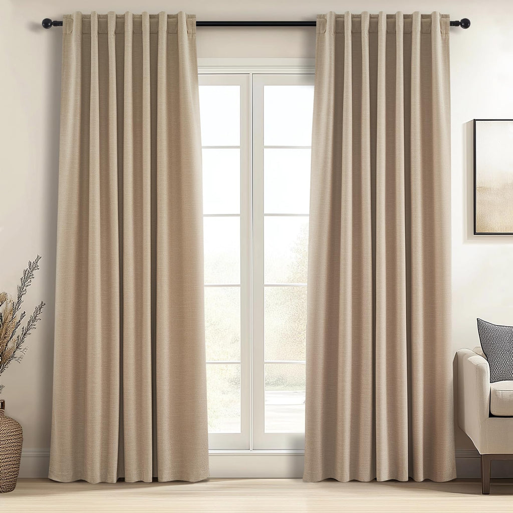 Topfinel Linen Blackout Curtains 96 Inch Long, Boho Farmhouse Ivory Birch Viral Drapes Pinch Pleated Curtains with Hooks for Living Room, Neutral 8 FT Back Tab Bedroom Curtains 52" X 96" 2 Panels
