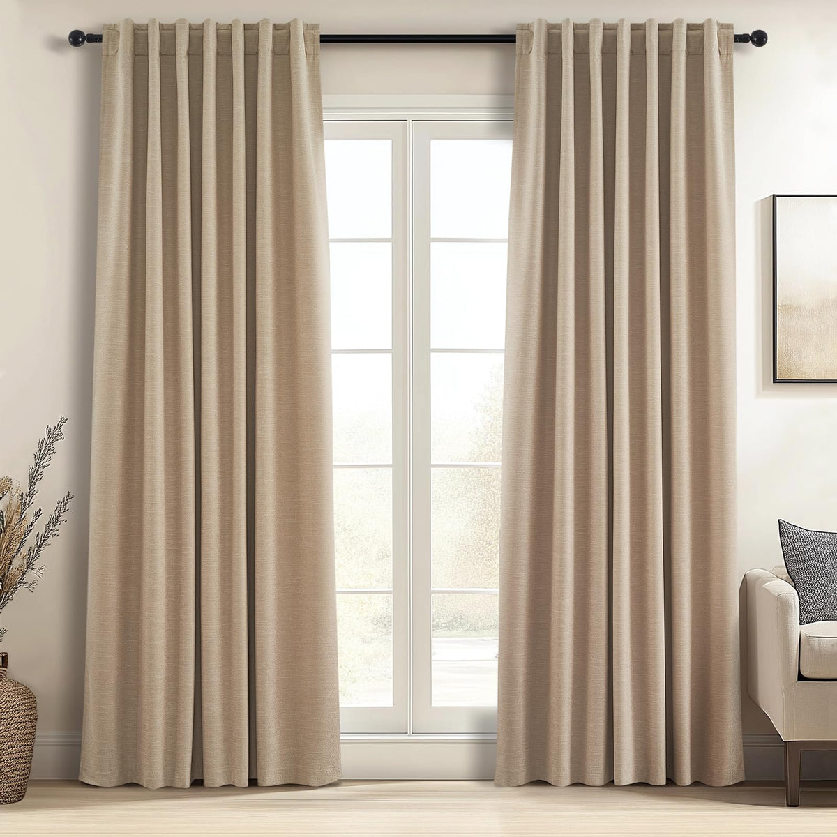 Topfinel Linen Blackout Curtains 96 Inch Long, Boho Farmhouse Ivory Birch Viral Drapes Pinch Pleated Curtains with Hooks for Living Room, Neutral 8 FT Back Tab Bedroom Curtains 52" X 96" 2 Panels