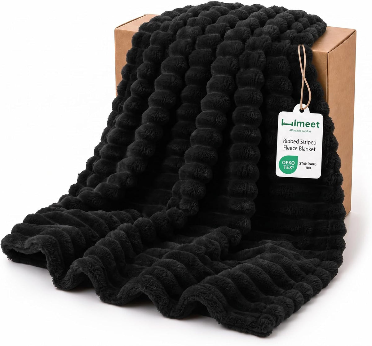 HIMEET Black Throw Blanket for Couch, 300GSM Ribbed Fleece, 50 x 60 Inches