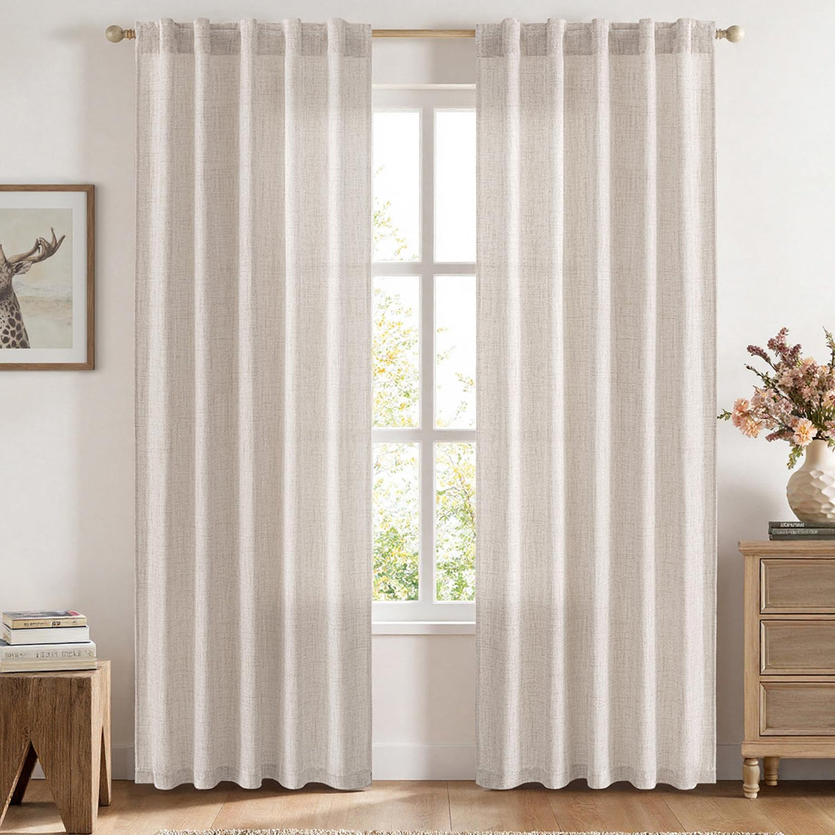 MIULEE Faux Linen Curtains 90 Inch Length 2 Panels Natural Semi Sheer Curtain with Back Tab Rod Pocket, Light Filtering Window Privacy Burlap Drapes for Living Room Bedroom 42W x 90L Linen