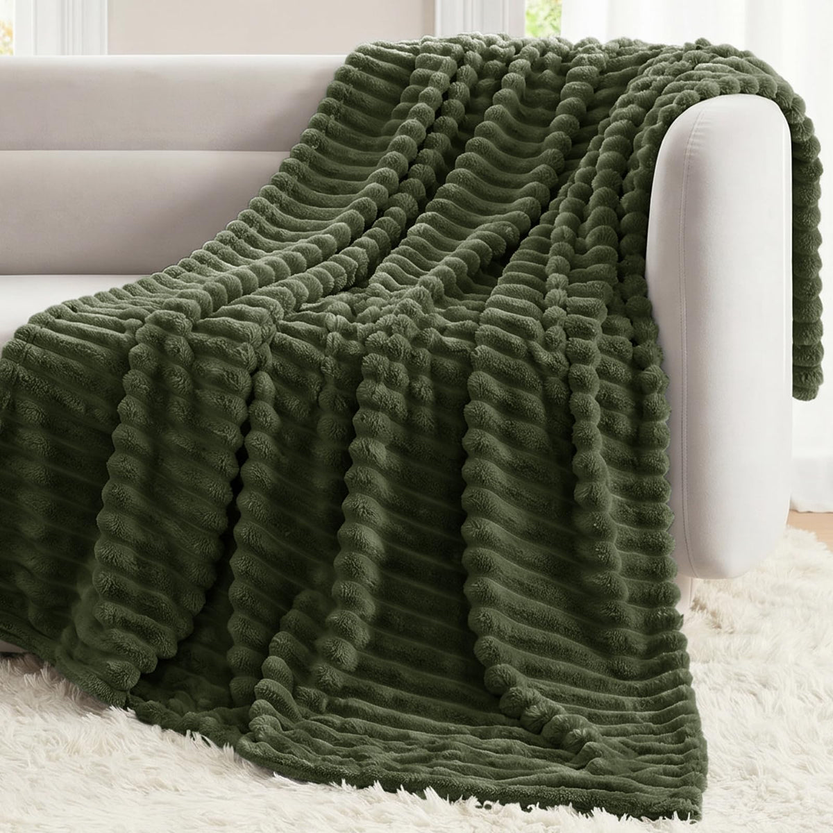 CozyLux Black Throw Blanket for Couch, Ribbed Fleece, 50 x 60 Inch