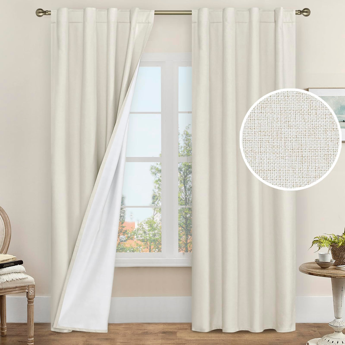 LAMIT 100% Blackout Short Linen Curtains for Cafe 40 Inch Length, Ivory